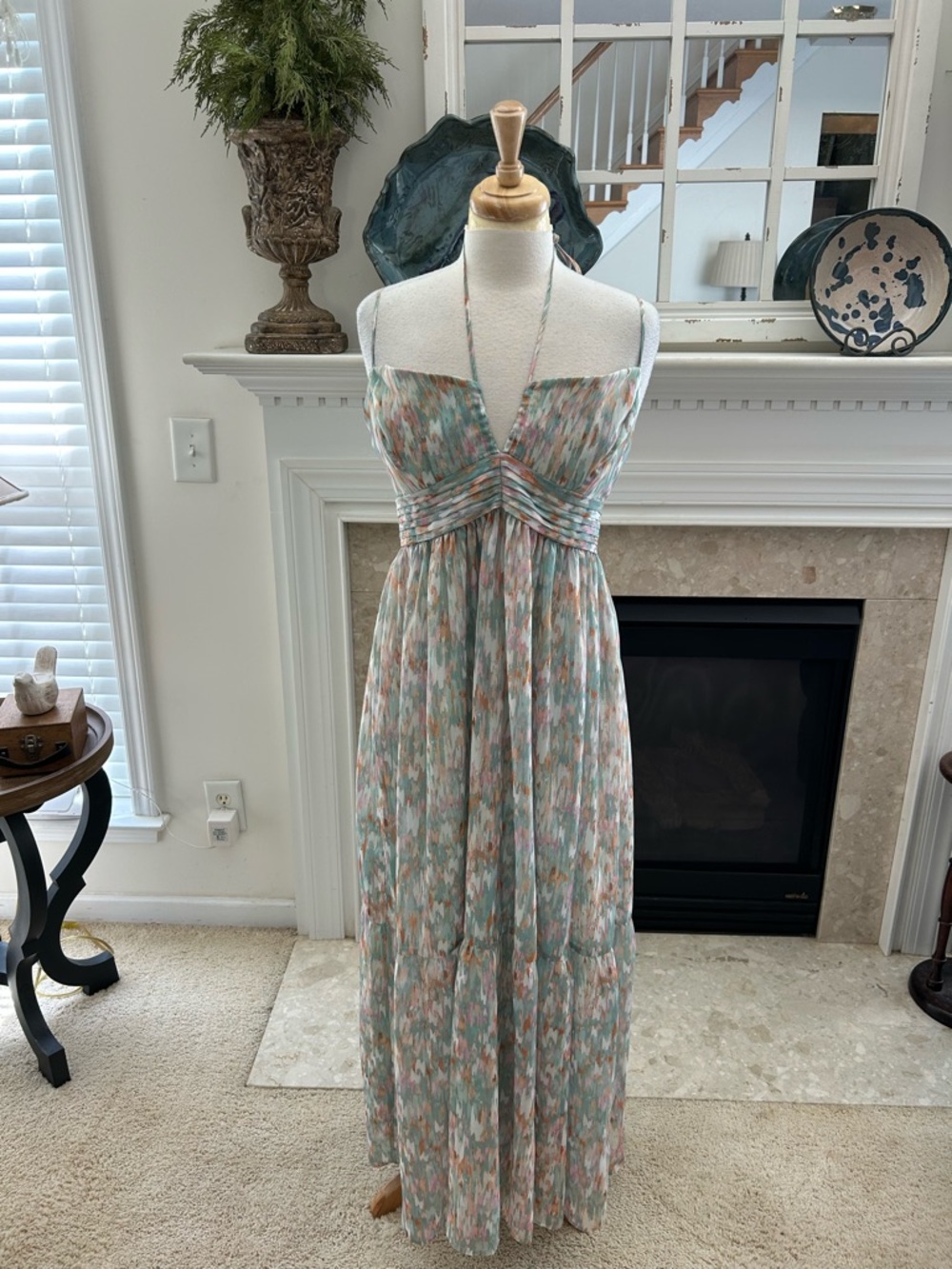 NWT Aqua Pastel Printed Strapless Maxi Dress in Mint & Blush